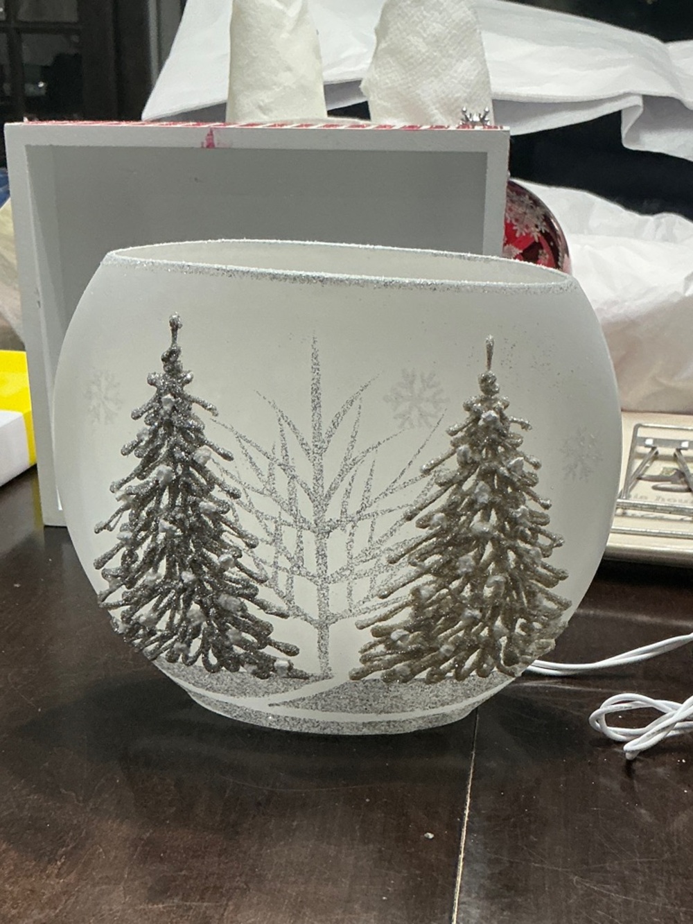 Frosted Glass Holiday Tree Candle Holder - White and Silver Glitter - Stunning!